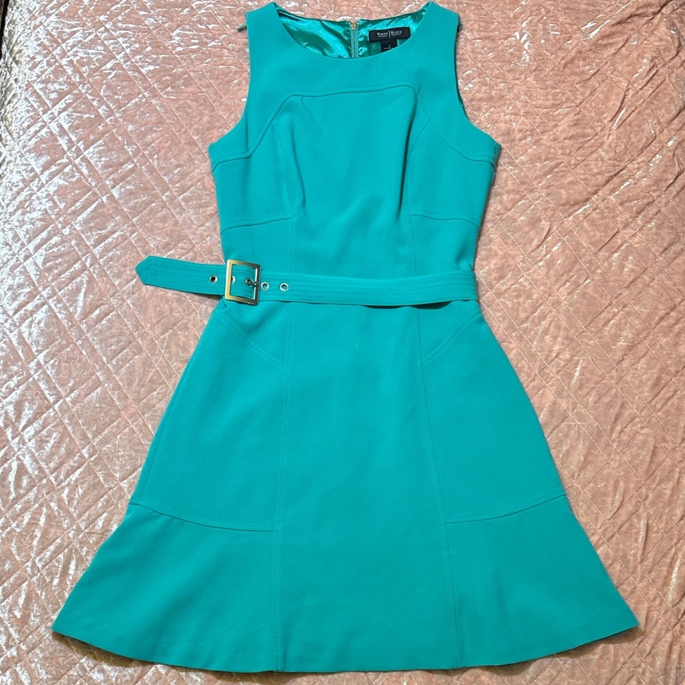 White House Black Market Teal Sleeveless Belted Fit & Flare Dress